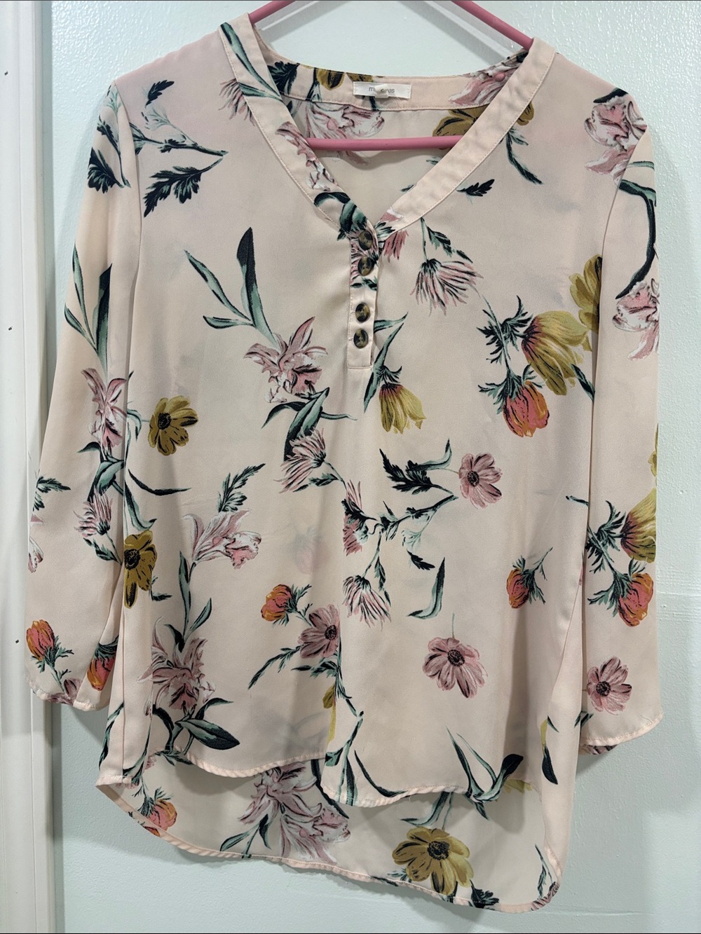 Maurices Blush Pink Floral V-Neck Henley Blouse